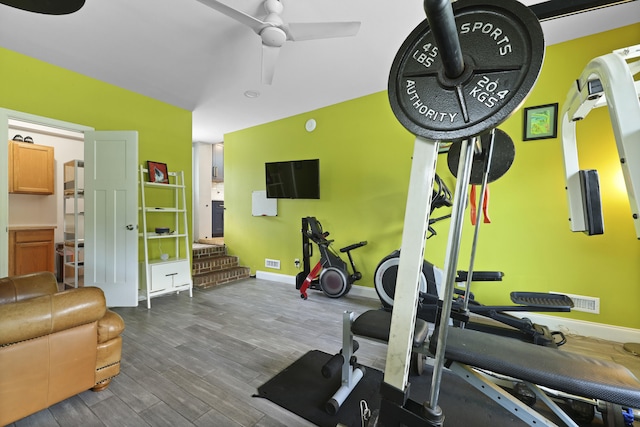 2605 Mona Ave, Charleston, SC 29414 - exercise area with wood finished floors, a ceiling fan, and baseboards