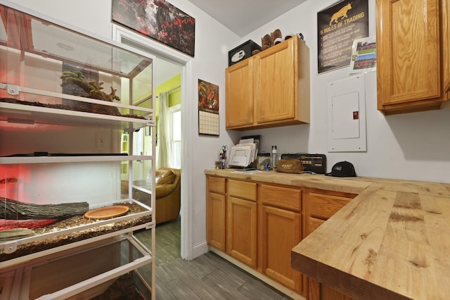 2605 Mona Ave, Charleston, SC 29414 - kitchen with dark wood finished floors, butcher block countertops, and electric panel