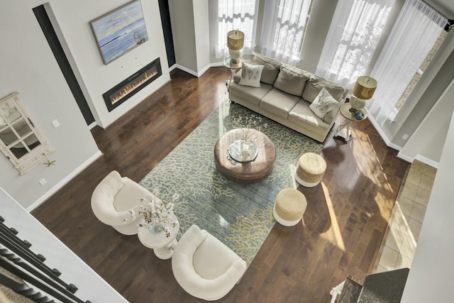 living area featuring baseboards, wood finished floors, and a glass covered fireplace