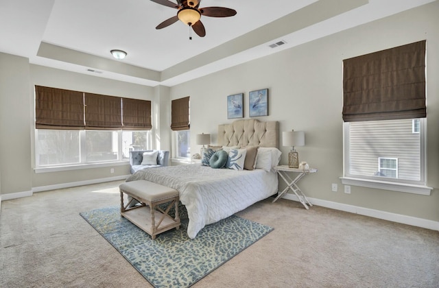 carpeted bedroom with visible vents, baseboards, and a raised ceiling