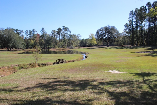 surrounding community featuring a water view and a lawn