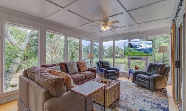 sunroom featuring ceiling fan and coffered ceiling