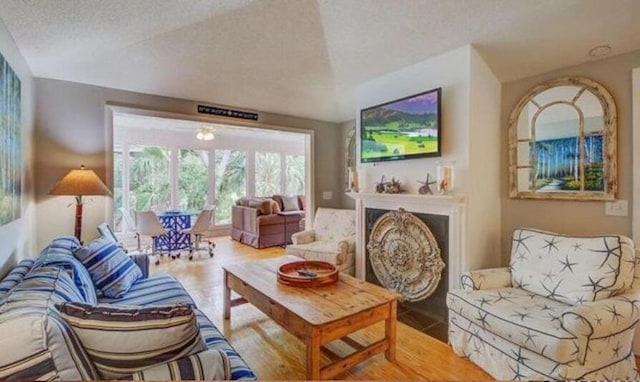 living room featuring a textured ceiling and hardwood / wood-style flooring