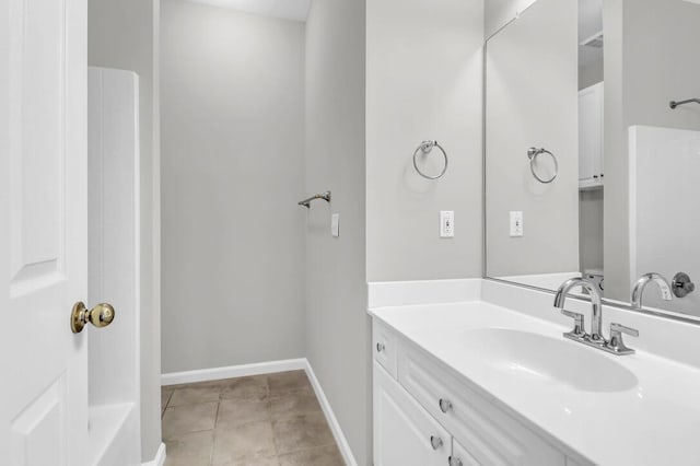 bathroom with walk in shower, tile patterned floors, and vanity