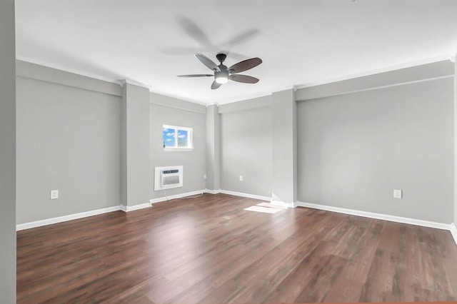 unfurnished room with heating unit, crown molding, dark wood-type flooring, and ceiling fan