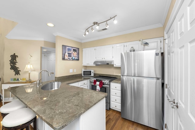 kitchen with under cabinet range hood, appliances with stainless steel finishes, a peninsula, white cabinetry, and a sink