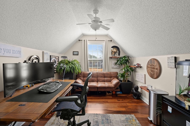 office with ceiling fan, dark hardwood / wood-style flooring, lofted ceiling, and a textured ceiling