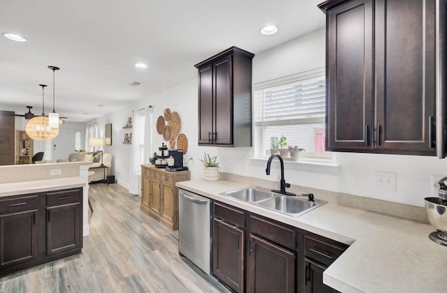 100 Runnels Cv, Summerville, SC 29485 - kitchen featuring stainless steel dishwasher, a sink, light countertops, dark brown cabinets, and recessed lighting