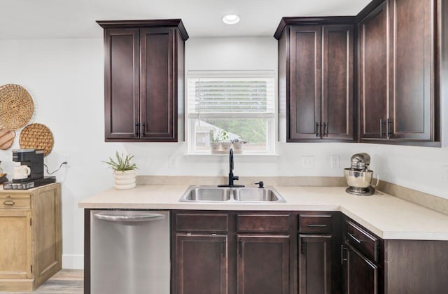 100 Runnels Cv, Summerville, SC 29485 - kitchen featuring dishwasher, a sink, light countertops, dark brown cabinetry, and light wood-type flooring