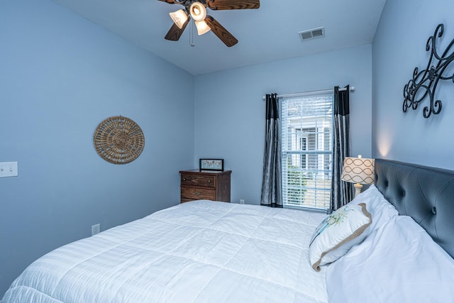 bedroom featuring a ceiling fan and visible vents