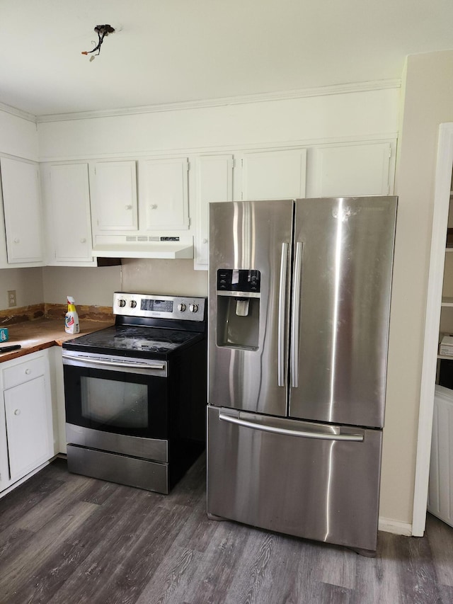 kitchen with white cabinets, stainless steel appliances, custom range hood, and dark hardwood / wood-style flooring