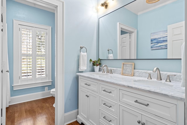 bathroom featuring double vanity, baseboards, a sink, and wood finished floors