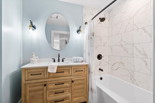 bathroom with shower / bath combination with curtain and vanity