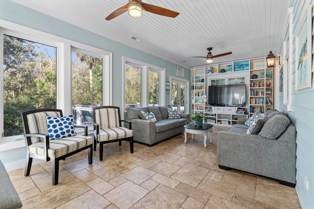 sunroom with wood ceiling, visible vents, and ceiling fan