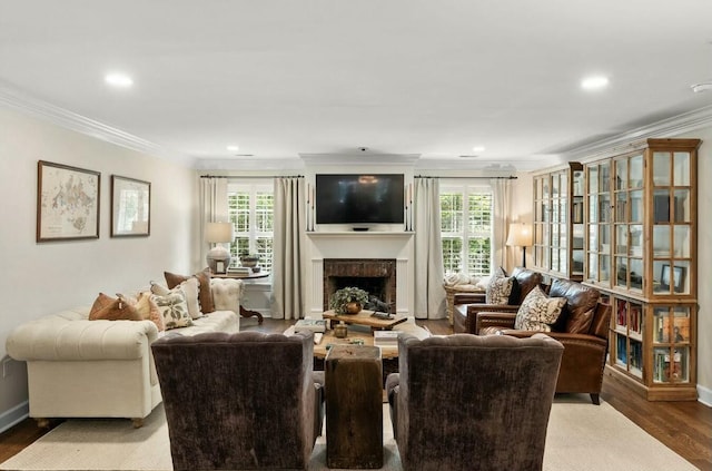 509 Klein St, Mount Pleasant, SC 29464 - living area featuring ornamental molding, a fireplace, wood finished floors, and recessed lighting