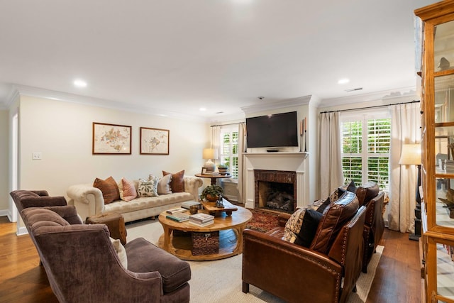 509 Klein St, Mount Pleasant, SC 29464 - living area with ornamental molding, a fireplace, wood finished floors, and recessed lighting