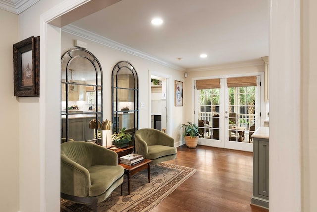 509 Klein St, Mount Pleasant, SC 29464 - living area with french doors, crown molding, dark wood-style flooring, and recessed lighting
