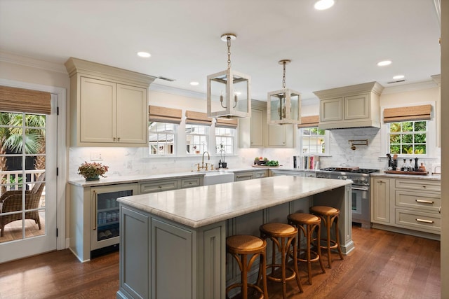 509 Klein St, Mount Pleasant, SC 29464 - kitchen featuring high end stainless steel range oven, beverage cooler, backsplash, dark wood-style floors, and crown molding