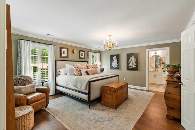 509 Klein St, Mount Pleasant, SC 29464 - bedroom featuring wood finished floors, a chandelier, ornamental molding, and ensuite bathroom
