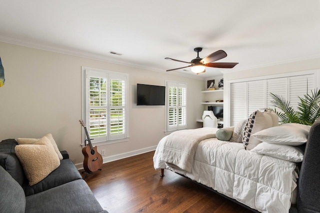 509 Klein St, Mount Pleasant, SC 29464 - bedroom featuring dark wood-style flooring, ornamental molding, and a ceiling fan
