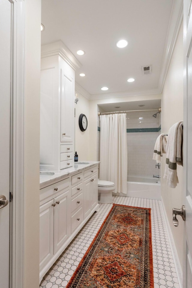 509 Klein St, Mount Pleasant, SC 29464 - bathroom featuring ornamental molding, double vanity, recessed lighting, and shower / bath combo with shower curtain