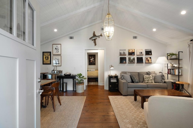 509 Klein St, Mount Pleasant, SC 29464 - living area with dark wood-type flooring, a wood ceiling with exposed beams, recessed lighting, high vaulted ceiling, and a chandelier