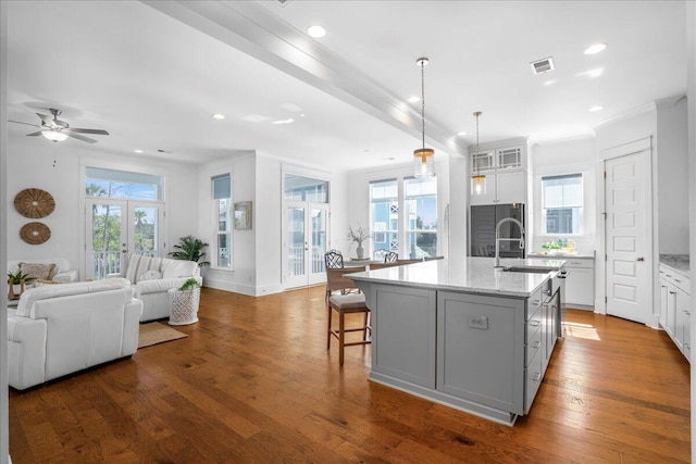 kitchen featuring dark hardwood / wood-style flooring, an island with sink, and a healthy amount of sunlight