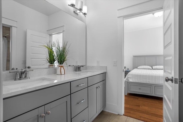 bathroom featuring wood finished floors and double vanity