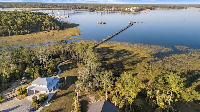 drone / aerial view of a large body of water, a forest, and a notable bridge