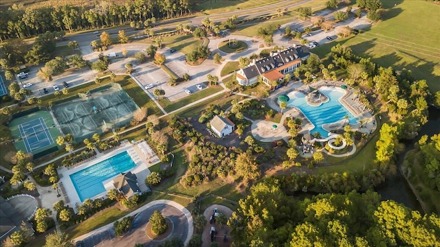 aerial overview of property's location with a pool area