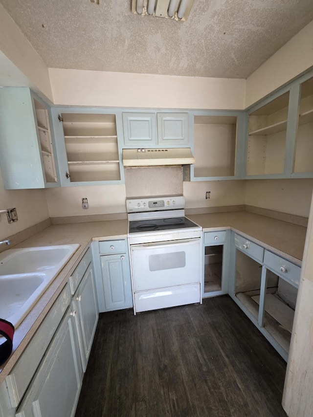 kitchen featuring white electric stove, under cabinet range hood, light countertops, dark wood-style floors, and open shelves