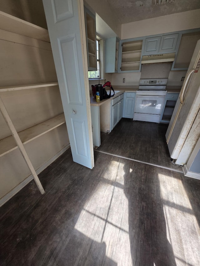 kitchen with dark wood finished floors, white electric stove, open shelves, light countertops, and under cabinet range hood