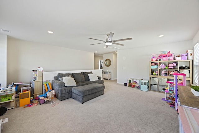 rec room with carpet floors, recessed lighting, visible vents, and ceiling fan