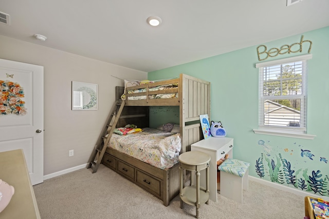 bedroom featuring light carpet, visible vents, and baseboards