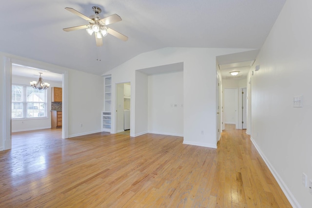 unfurnished living room with baseboards, light wood finished floors, ceiling fan with notable chandelier, and lofted ceiling