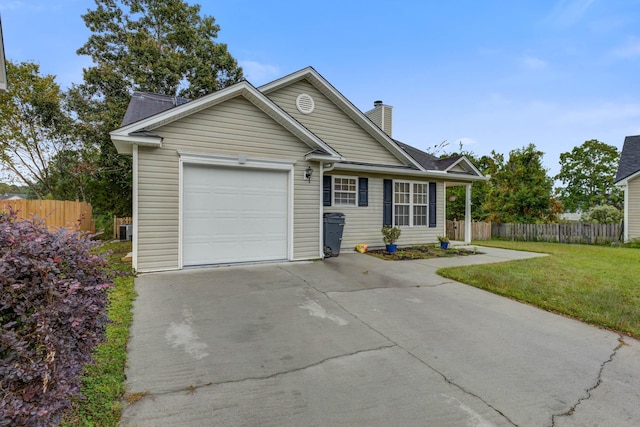 single story home with fence, a front lawn, a garage, a chimney, and driveway