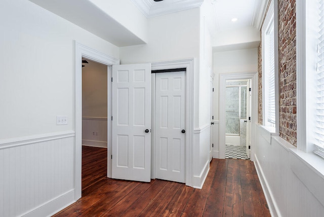 hall featuring crown molding and dark hardwood / wood-style floors