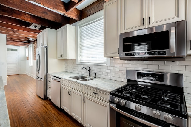 kitchen featuring stainless steel appliances, sink, backsplash, dark hardwood / wood-style floors, and beam ceiling