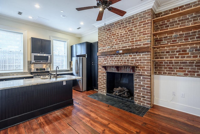 kitchen with dark wood-type flooring, a brick fireplace, appliances with stainless steel finishes, sink, and plenty of natural light