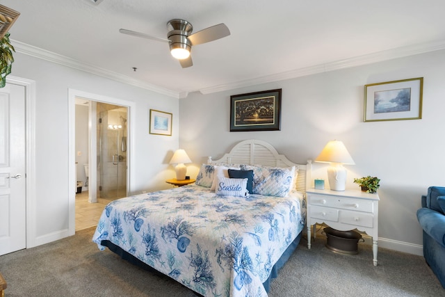 carpeted bedroom featuring crown molding, baseboards, ceiling fan, and connected bathroom