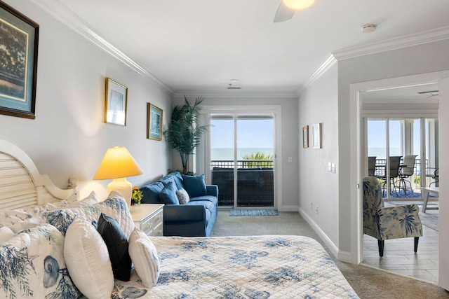 bedroom with ceiling fan, access to exterior, crown molding, baseboards, and light carpet