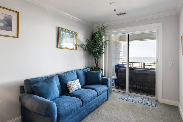 living area with visible vents, ornamental molding, baseboards, a water view, and carpet flooring