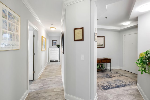 corridor with crown molding and baseboards