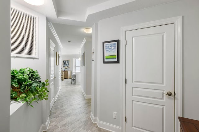 hallway with crown molding, baseboards, visible vents, and light wood-type flooring