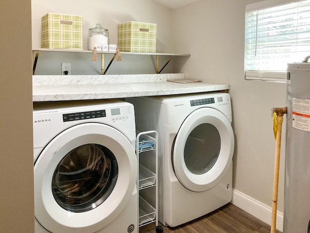 6 Littlefield St, Inman, SC 29349 - washroom featuring washer and clothes dryer, wood finished floors, water heater, and baseboards