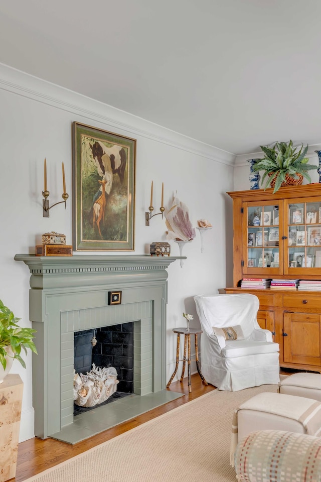 living room with crown molding, a fireplace, and hardwood / wood-style flooring