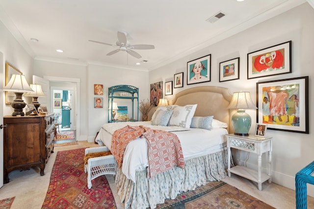 bedroom featuring visible vents, light carpet, crown molding, baseboards, and ceiling fan