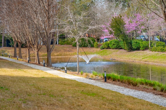 exterior space with a yard and a water view