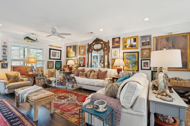 living room featuring visible vents, recessed lighting, and ceiling fan