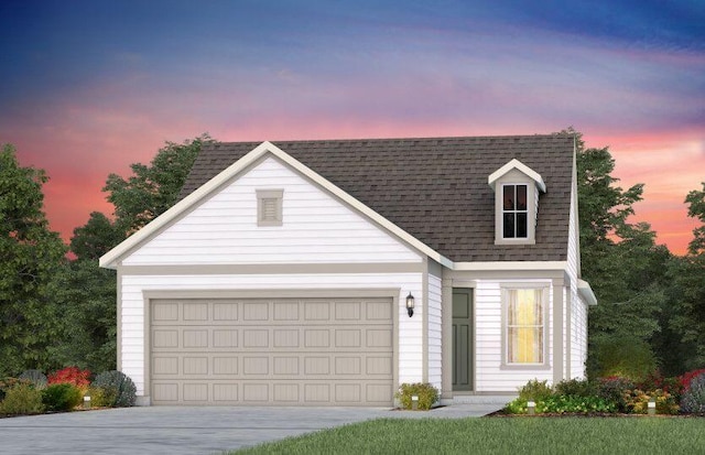 cape cod home with driveway, roof with shingles, and an attached garage
